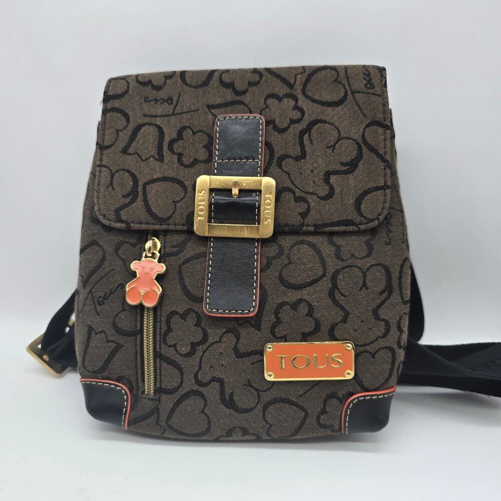 Tous Brown and Black Monogram Crossbody Bag with Gold Hardware